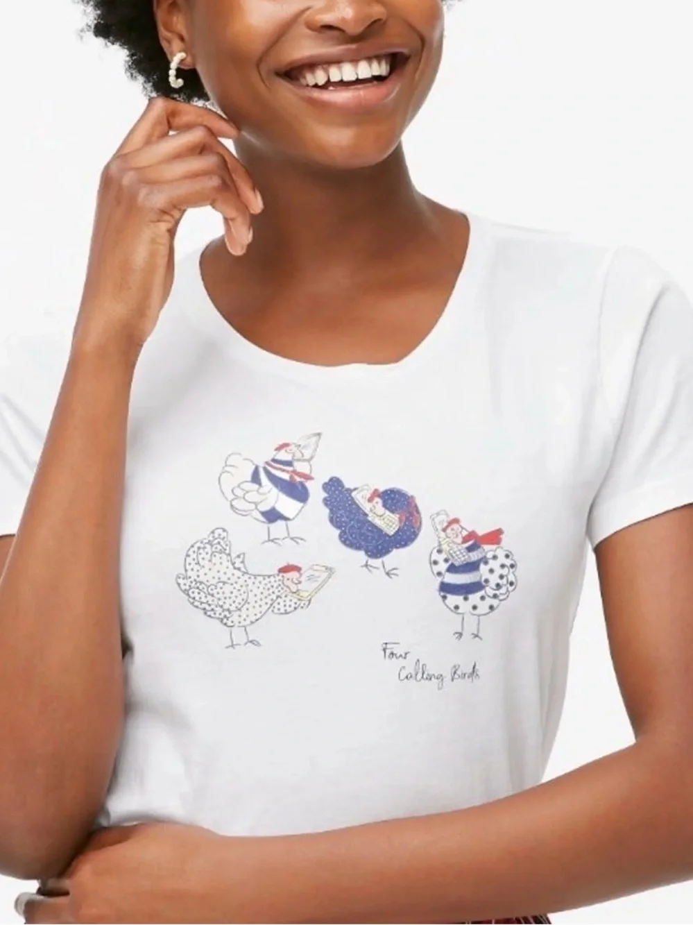 J. Crew White t shirt top Chick Graphic 4 calling birds hens
